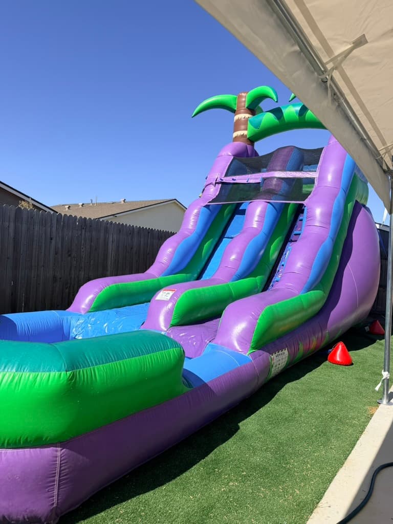 Close view of a purple, green, and blue palm-tree inflatable water slide.