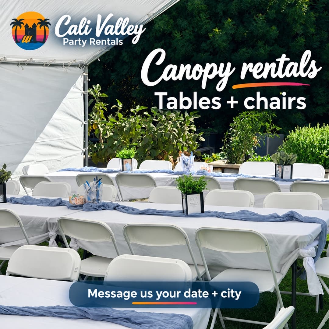 Full-bleed garden photo showing white-covered tables with dusty-blue runners, green centerpieces, and white folding chairs beside a white canopy. The CVPR palm, castle, sunset, and water logo and white lettering are overlaid near the top. Text reads “Cali Valley Party Rentals,” “Canopy rentals,” and “Tables + chairs.” A translucent blue overlay near the bottom reads “Message us your date + city,” with an orange-to-pink accent.