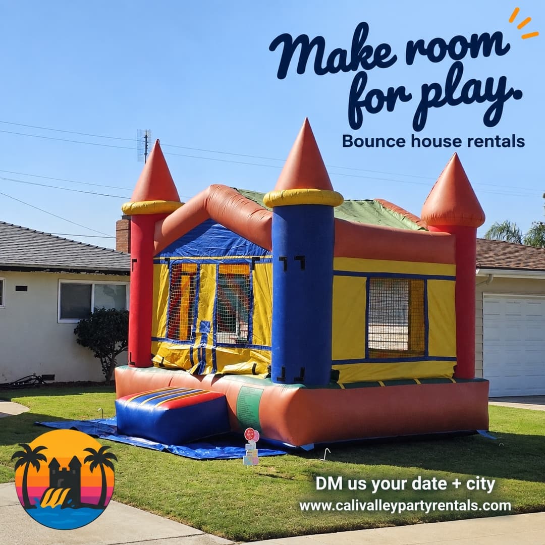 Orange, red, yellow and blue castle-style bounce house on a backyard lawn, with mesh windows and a blue entry step. Navy script reads “Make room for play.” with “Bounce house rentals.” CVPR logo, DM inquiry CTA and www.calivalleypartyrentals.com appear in the lower corners.