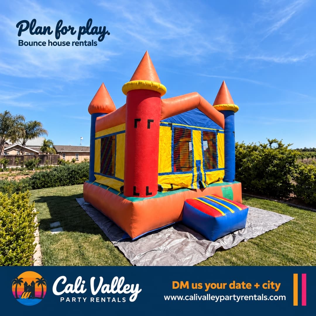Orange/red, yellow and blue castle-style bounce house with mesh windows and a striped blue entry step on a gray tarp in a sunny lawn, with shrubs, houses and an orchard behind it. Navy script at upper left reads “Plan for play.” above “Bounce house rentals.” A navy footer holds the CVPR logo and wordmark, orange “DM us your date + city,” white “www.calivalleypartyrentals.com,” and orange/pink accent ticks.